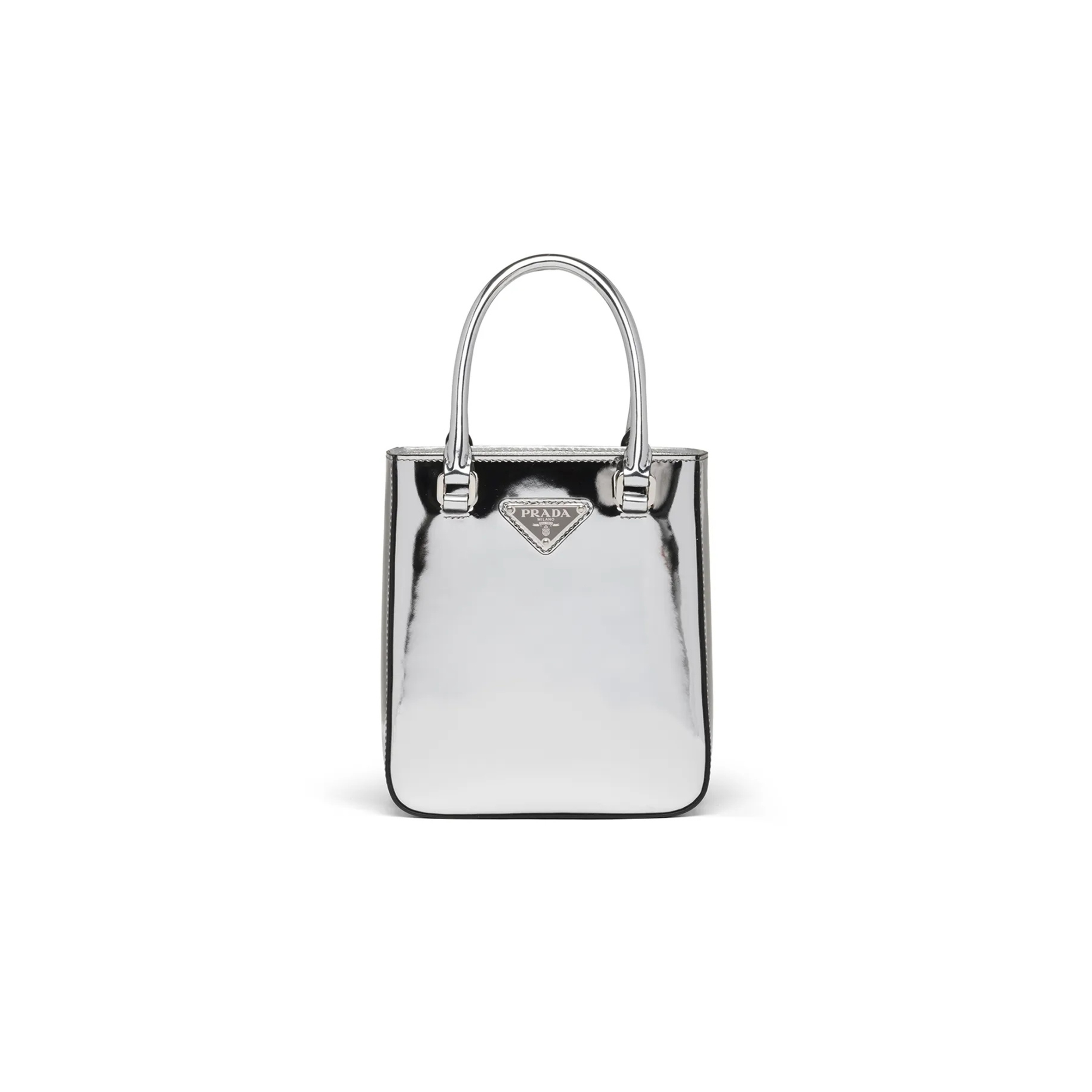 PRADA SMALL TRIANGLE PLAQUE TOTE BAG IN SILVER 1BA331 (17.5*15*5cm)